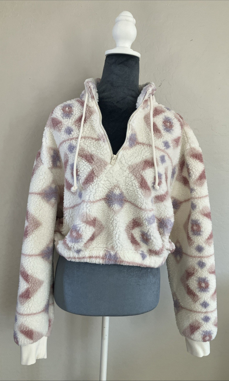 PACSUN Sherpa Aztec Sweater Geometric Crop Zip Drawstring Boho Western Small